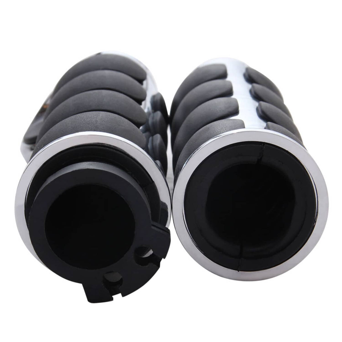 Motorcycle handlebar grips, end view with black rubber sleeves and chrome trim