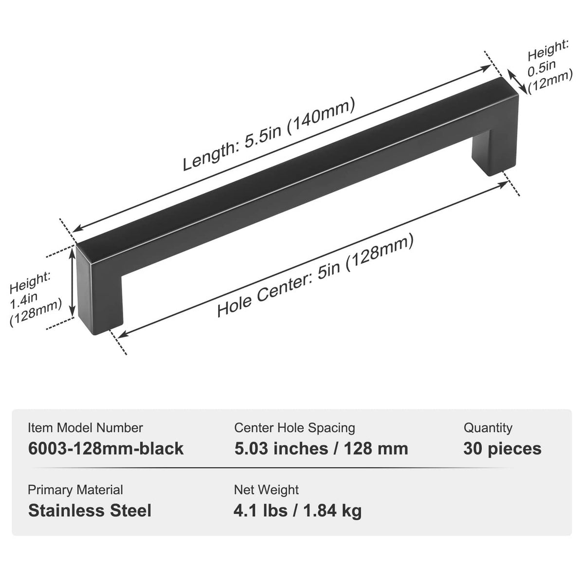 Matte black square cabinet pull with 5.5 in length and 5 in center hole spacing