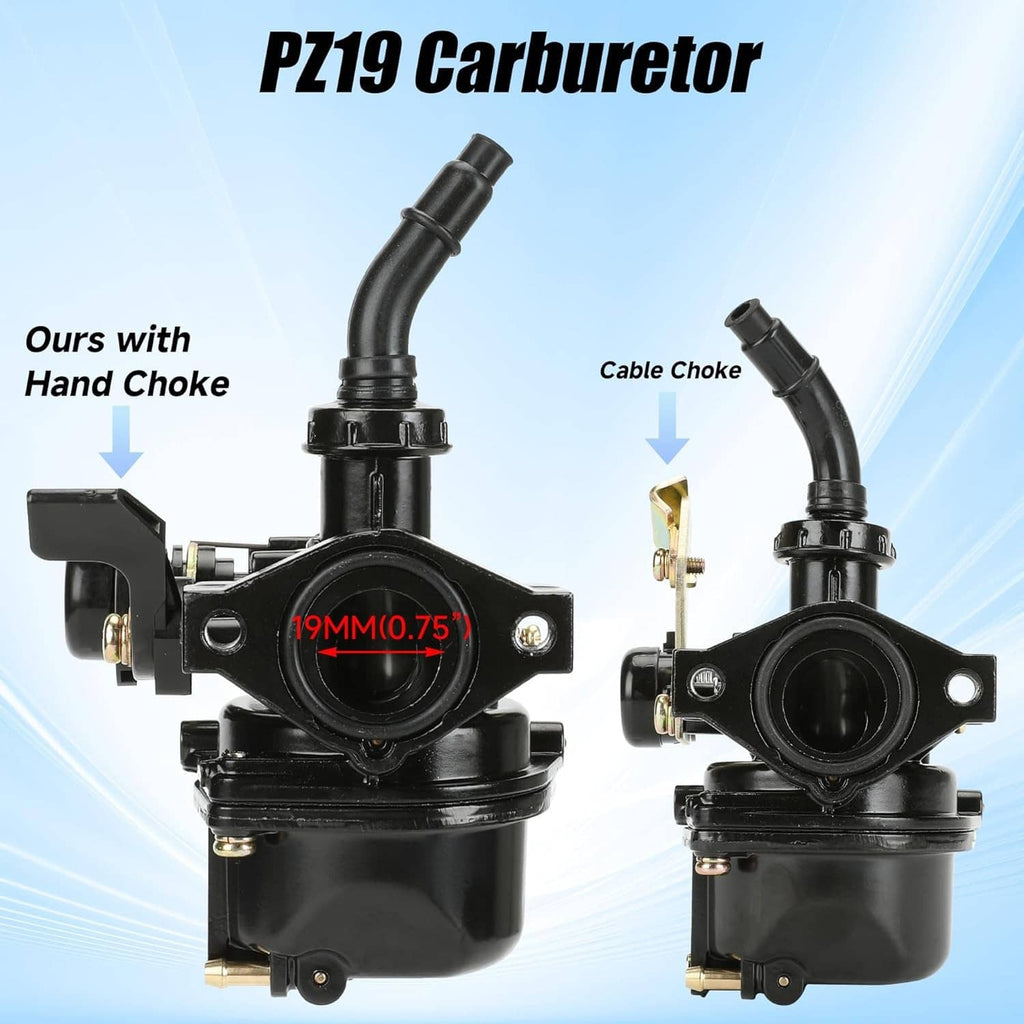 Black carburetor with hand choke tube and intake ports, front side view