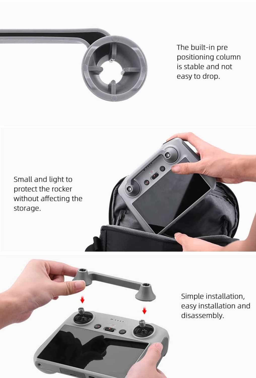 Grey joystick protector fixator shown with cap and installation hands