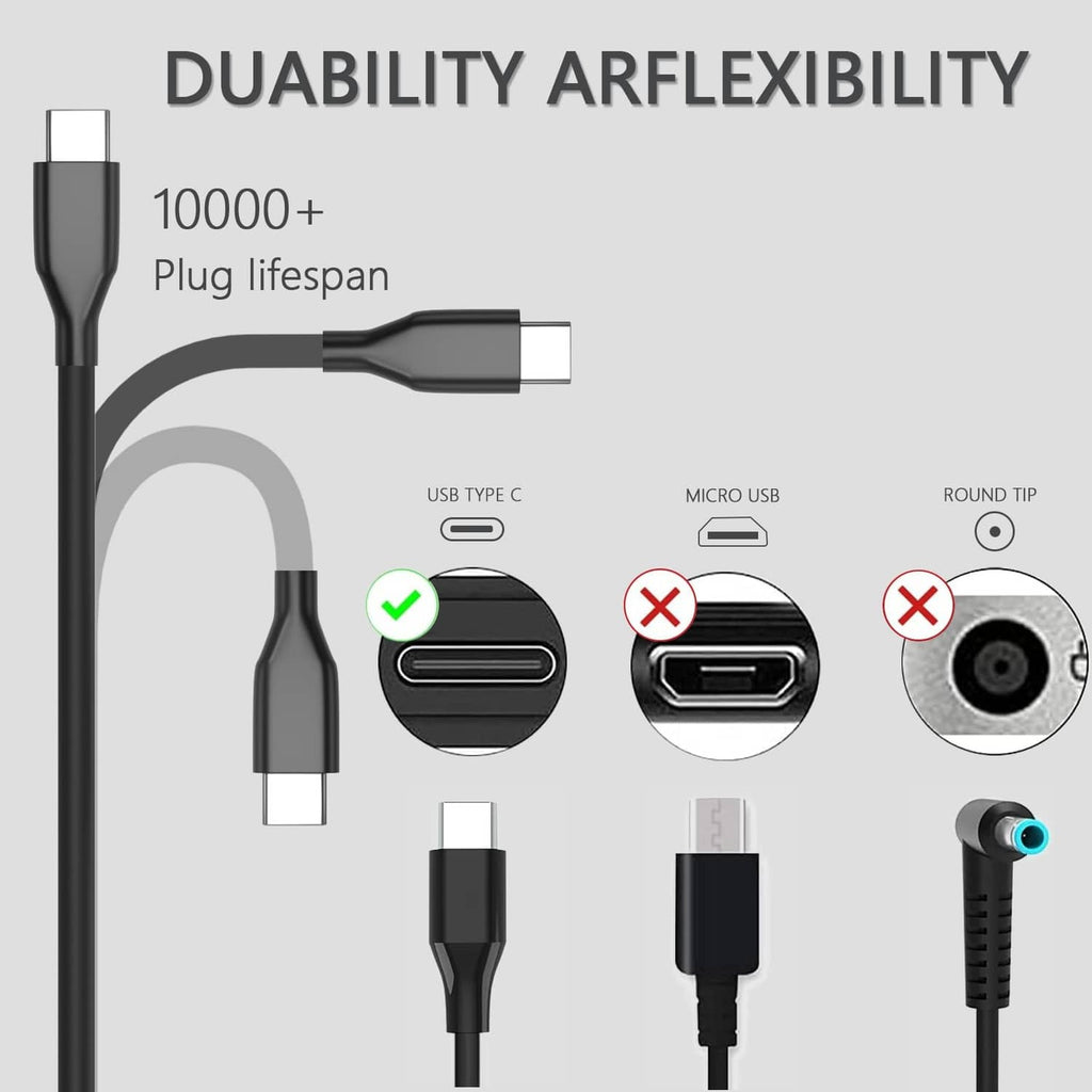 Black USB-C charging cable with Type-C connector and flexible, durable design