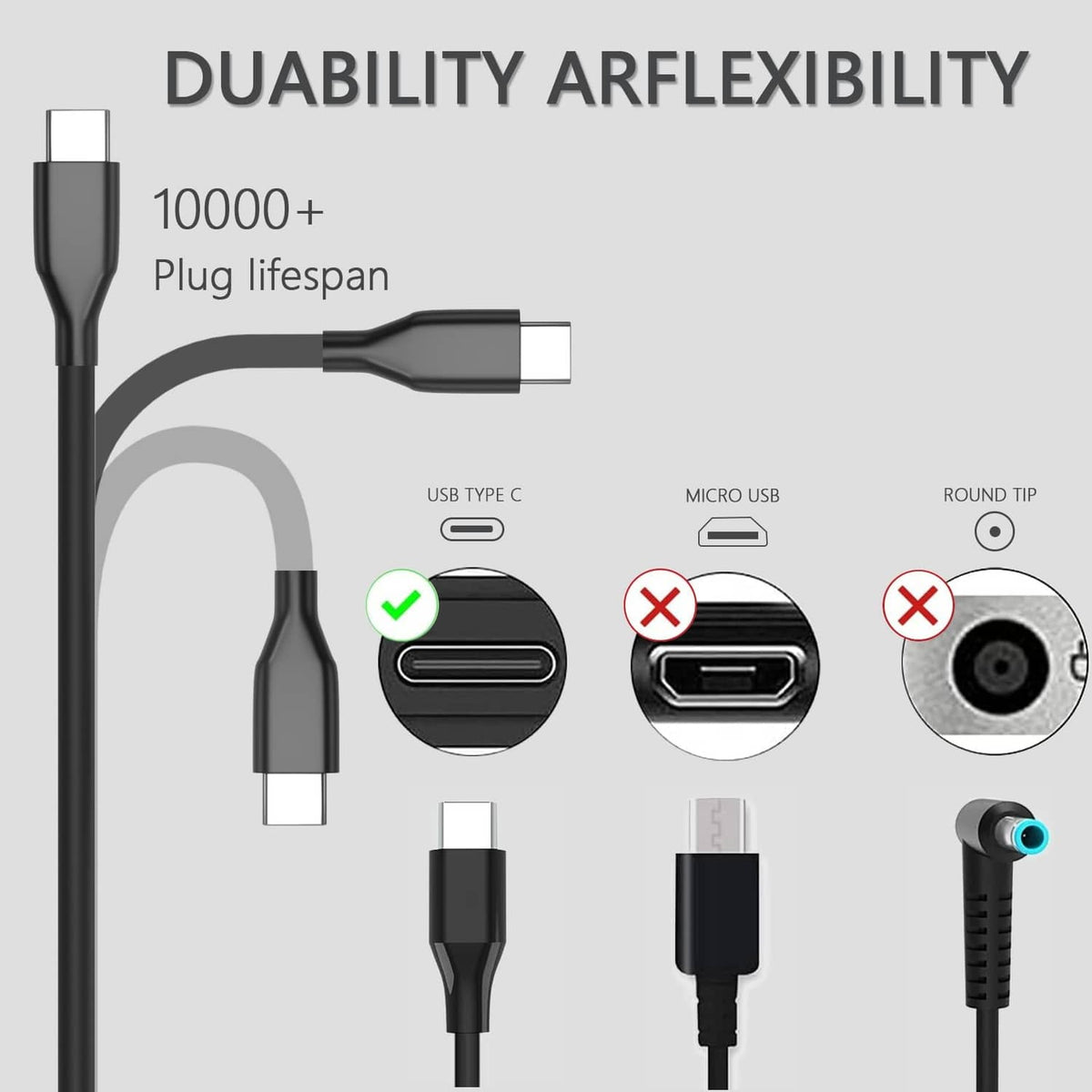 Black USB-C charging cable with Type-C connector and flexible, durable design