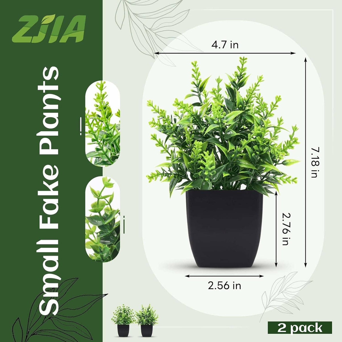 Small faux plant in a black pot with bright green leaves; 2-pack