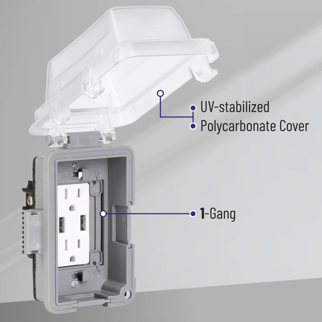 UV-stabilized polycarbonate 1-gang outlet cover with hinged clear lid over receptacle