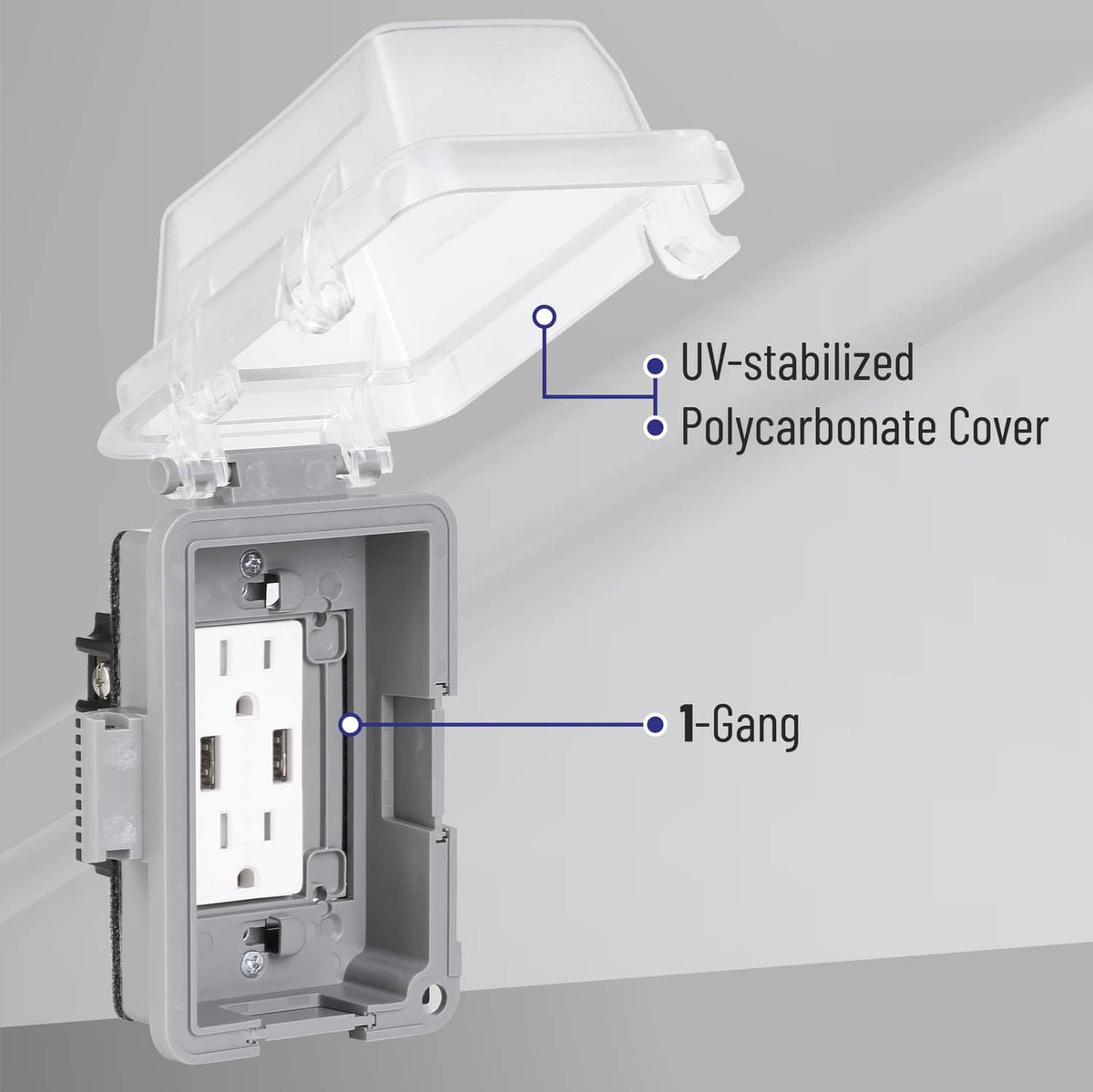 UV-stabilized polycarbonate 1-gang outlet cover with hinged clear lid over receptacle