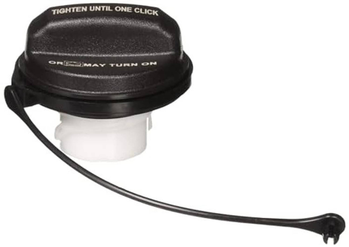 Fuel tank filler gas cap with white insert and black tether cord