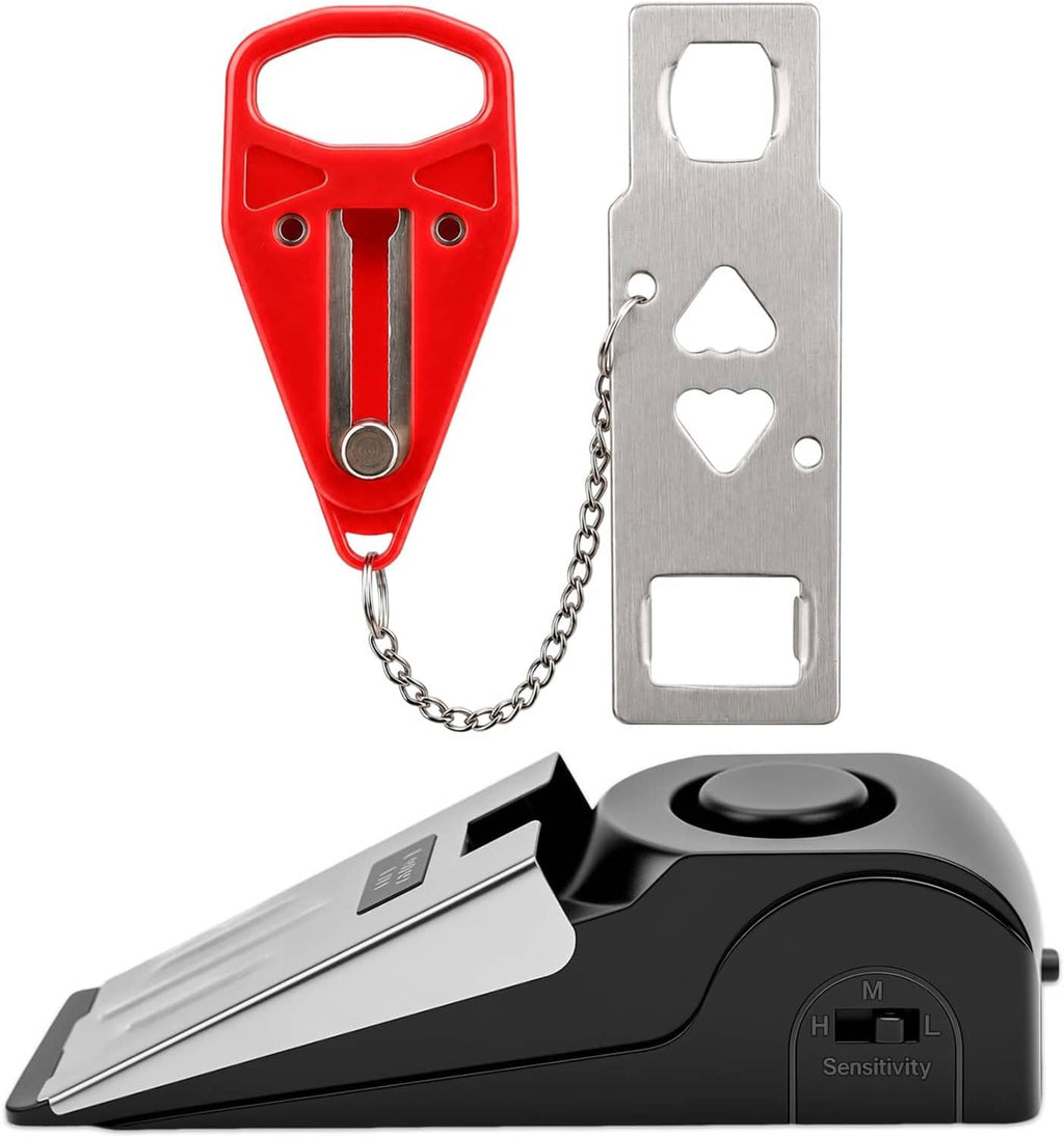 Door lock and door stop alarm set: red latch handle, silver plate, chain, and black wedge