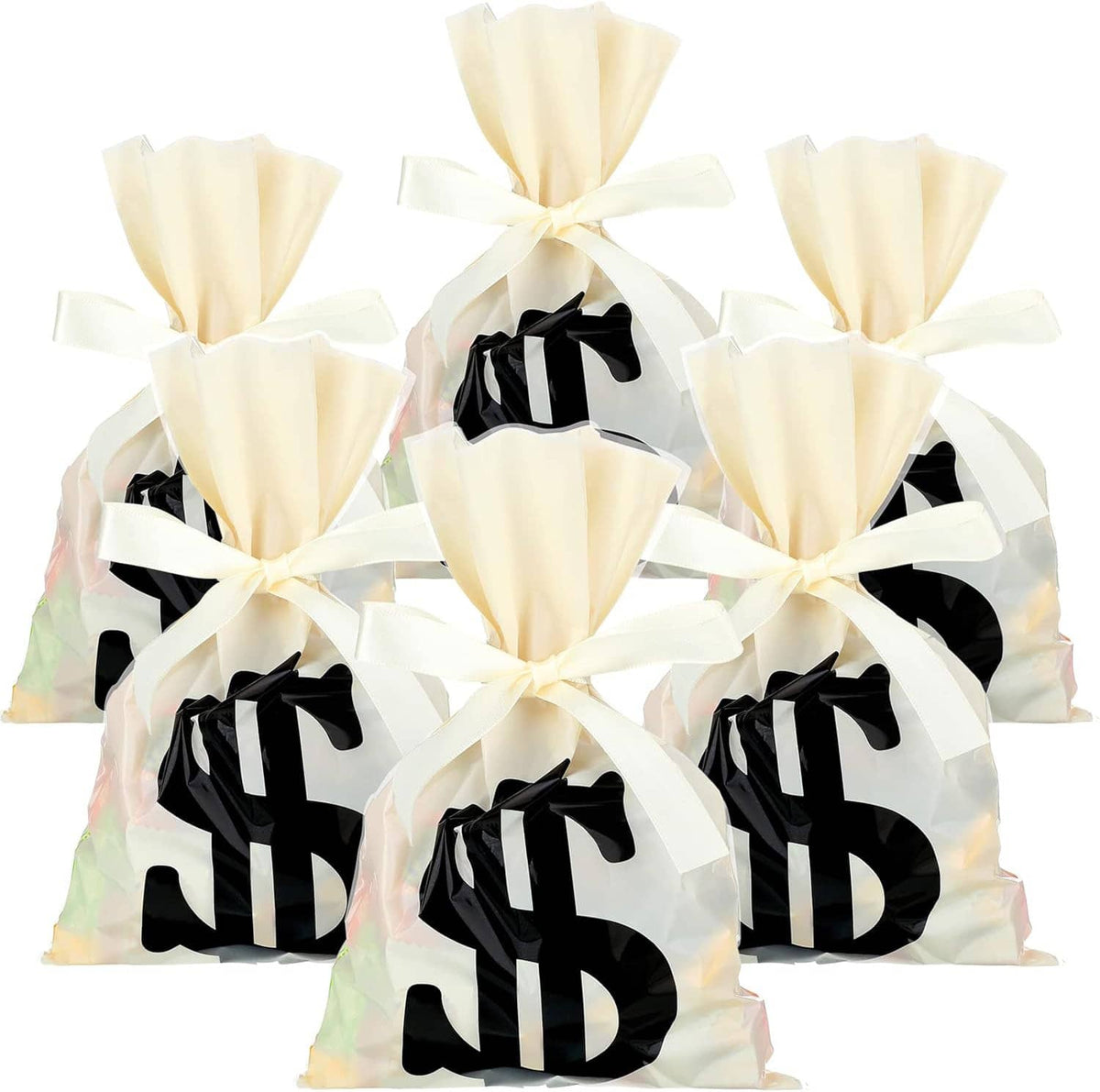 Cream money treat bags with black $ signs and white ribbon bows, set of 9