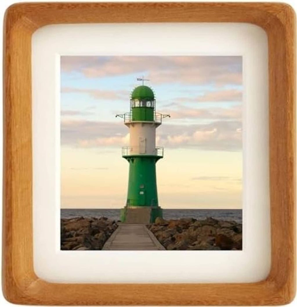 Natural teak wood square picture frame with white mat and clear shatterproof front