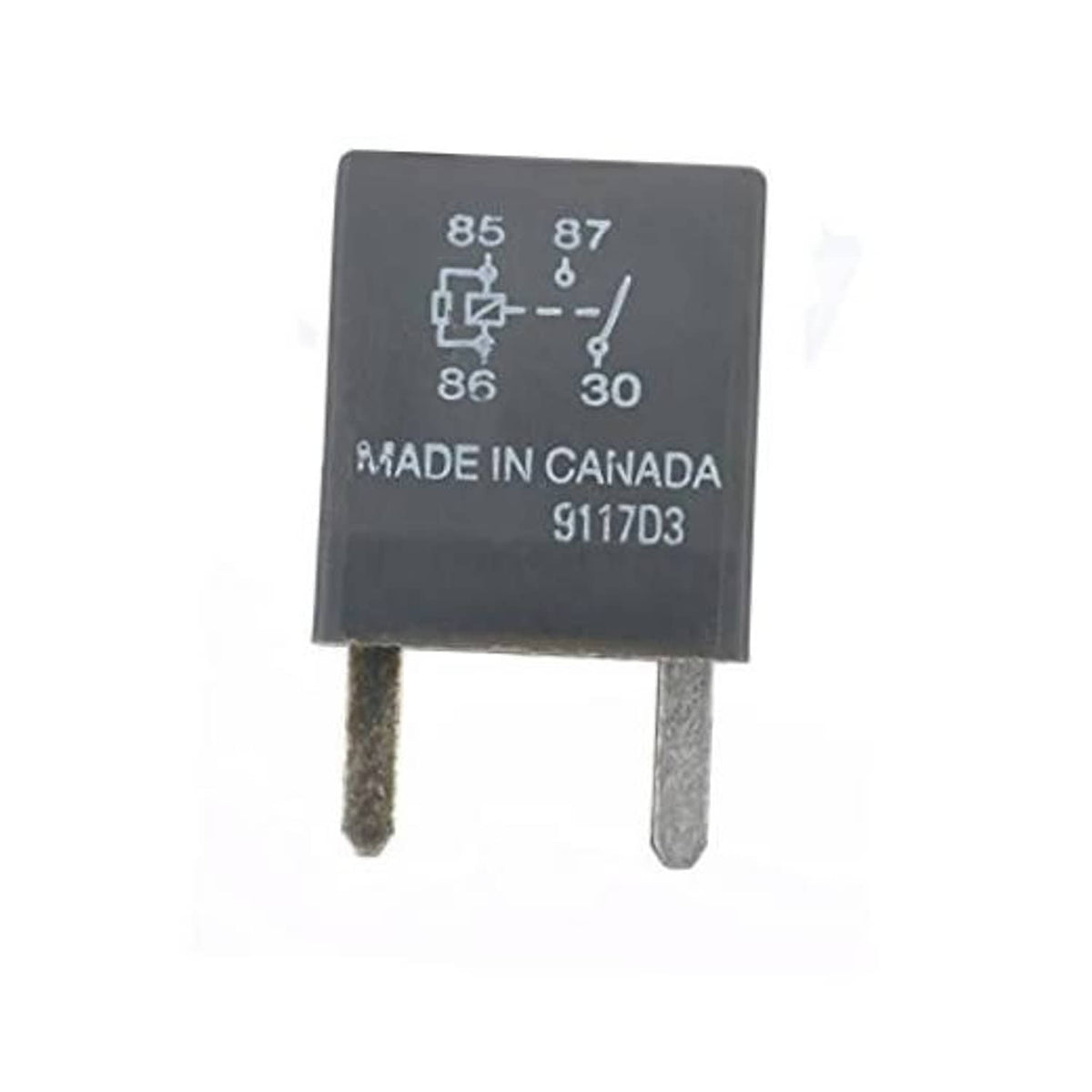 Dark gray 2-pin automotive plug-in relay with circuit markings on top