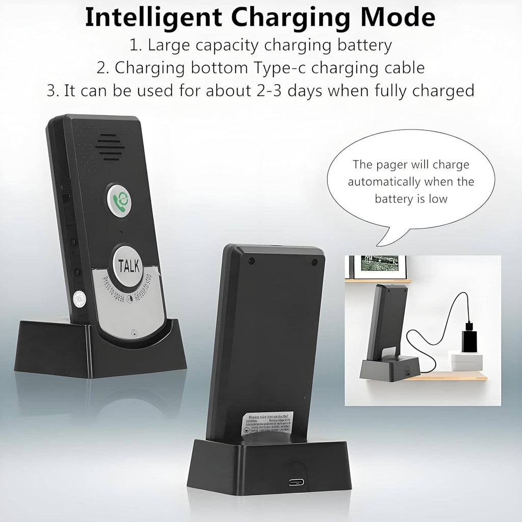 Black intercom pager and charging base with Type-C charging cable, charging indicator details