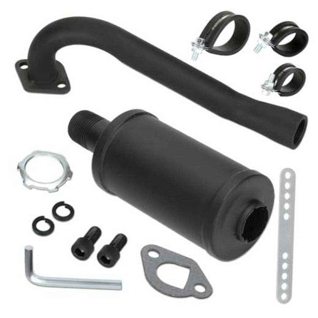 Black exhaust muffler silencer canister with mounting bracket and hardware kit