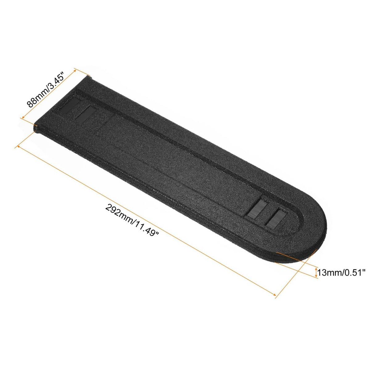 Black plastic chain saw bar cover with oval ends and securing tab slots