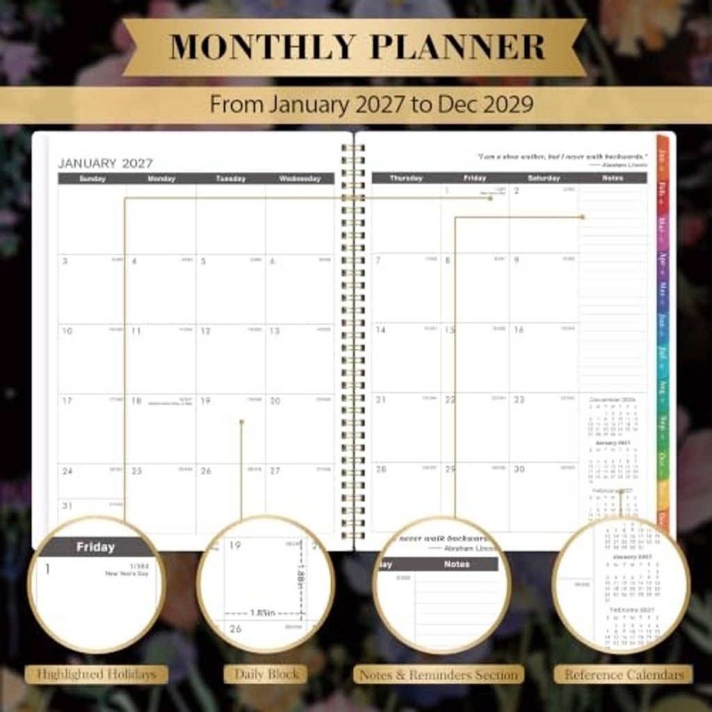 Open monthly planner pages with January 2027 calendar layout and notes sections