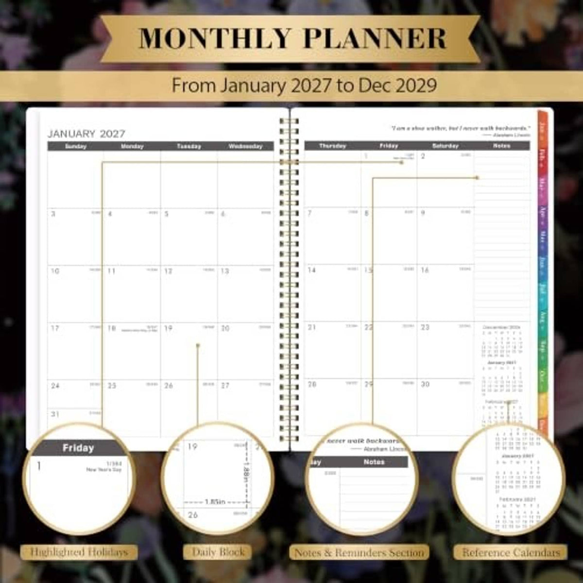Open monthly planner pages with January 2027 calendar layout and notes sections