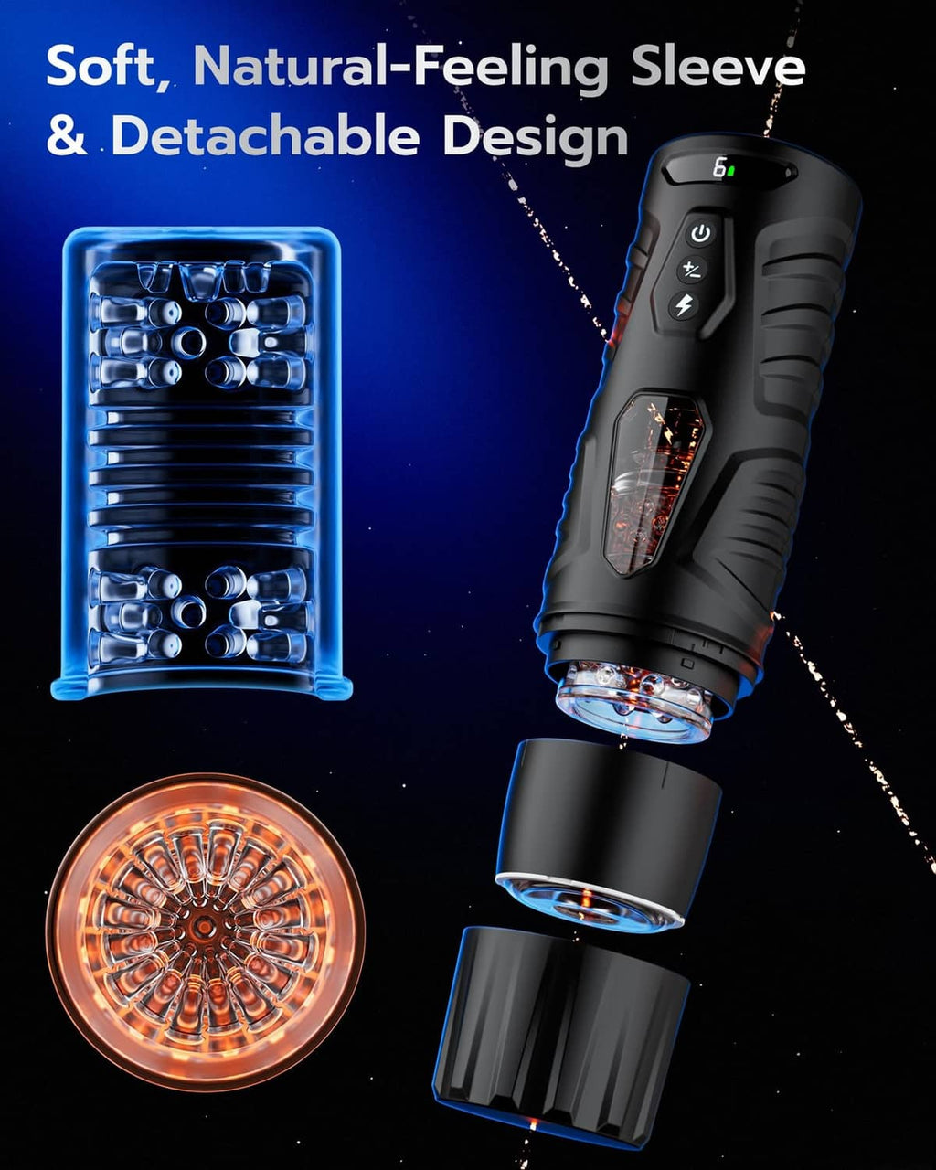 Black automatic masturbator with detachable soft sleeve and illuminated rotating core