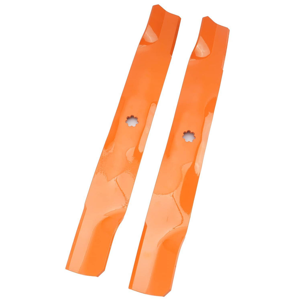 Two mower deck blades angled view, orange coated strips with circular mounting holes