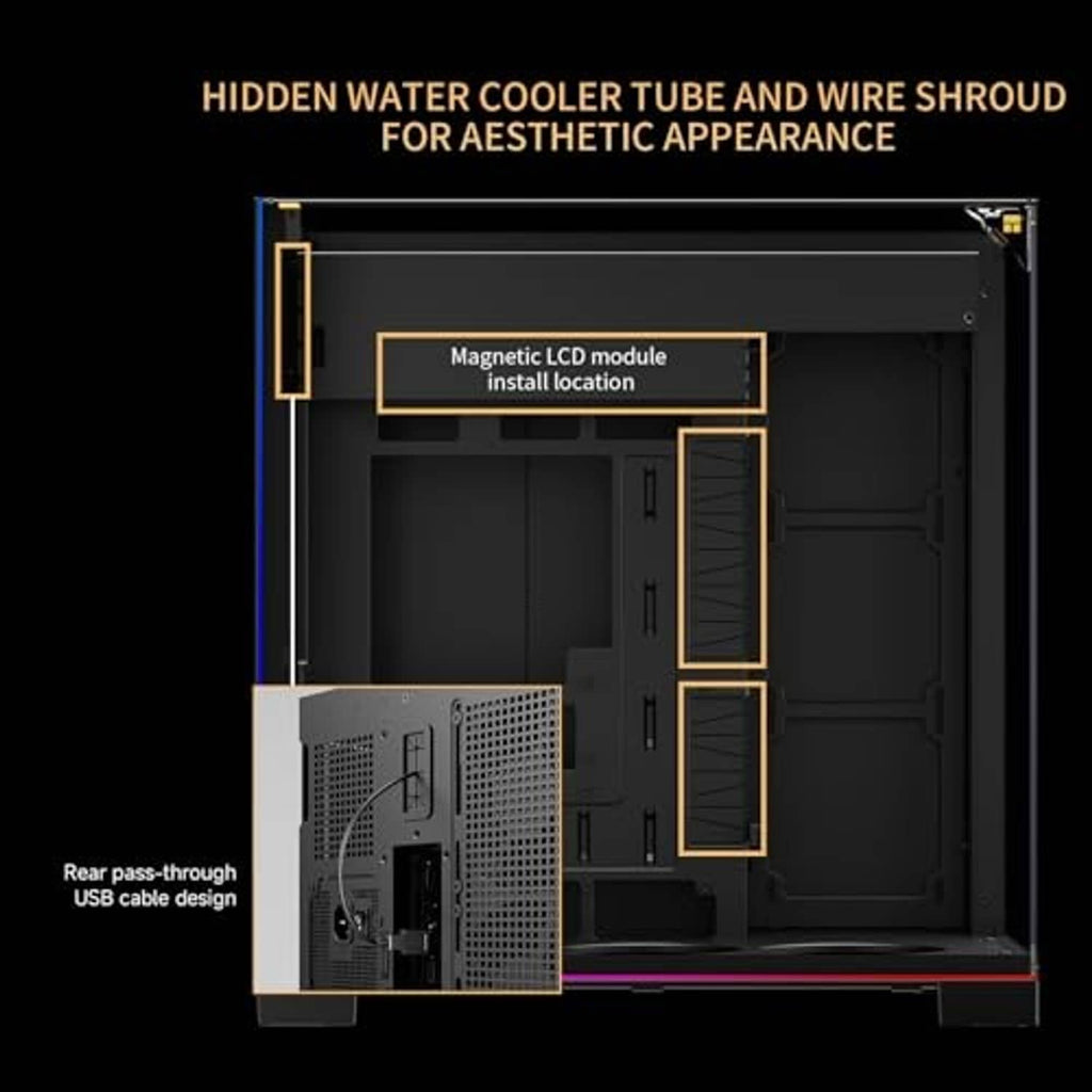 ATX gaming PC case open layout with rear pass-through USB cable routing area
