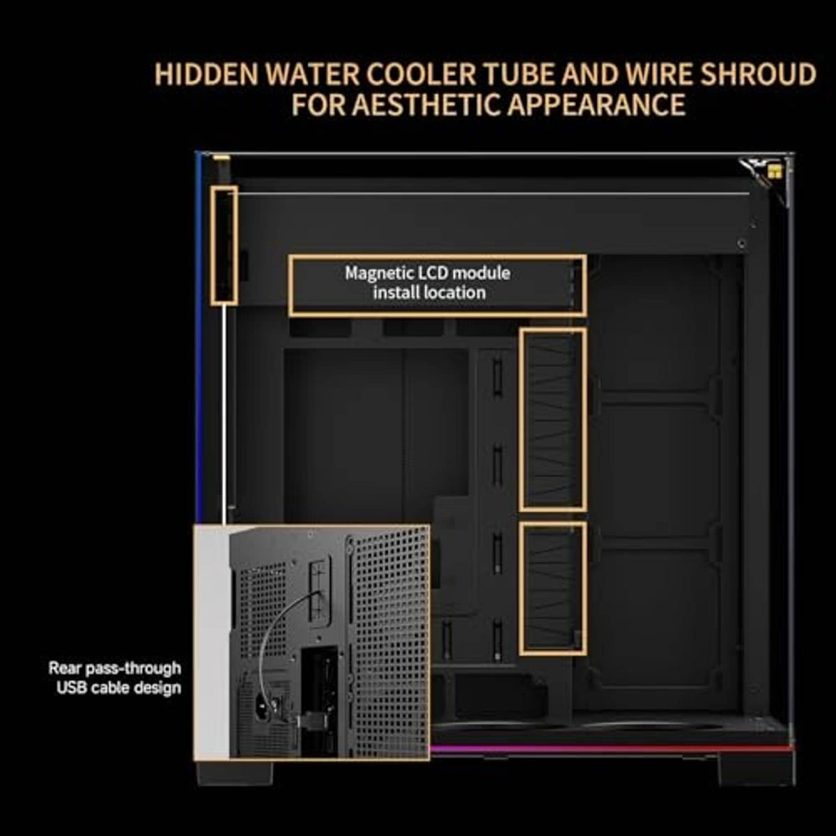 ATX gaming PC case open layout with rear pass-through USB cable routing area