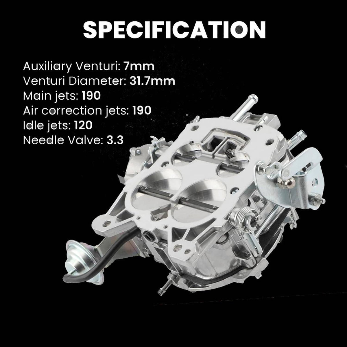 Silver carburetor assembly with top venturi opening and side fuel inlet