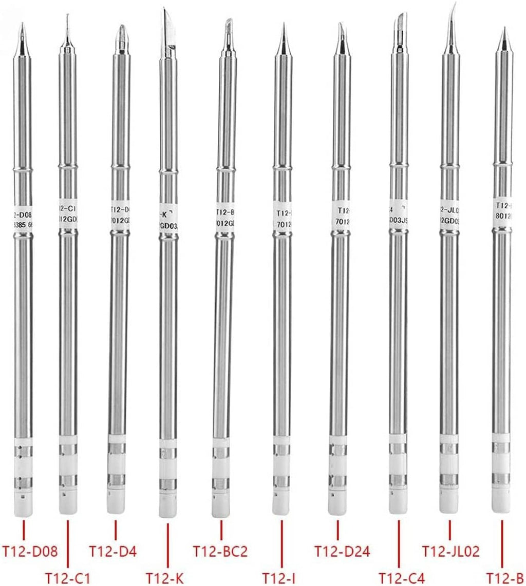 Assorted soldering iron replacement tips shown in a row with white grips and labels