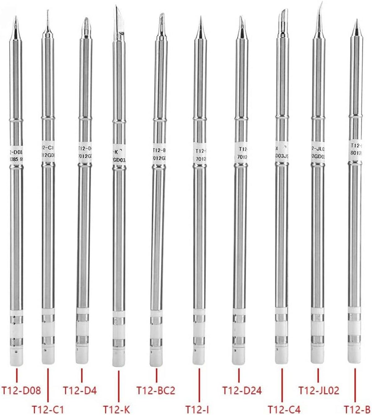 Assorted soldering iron replacement tips shown in a row with white grips and labels