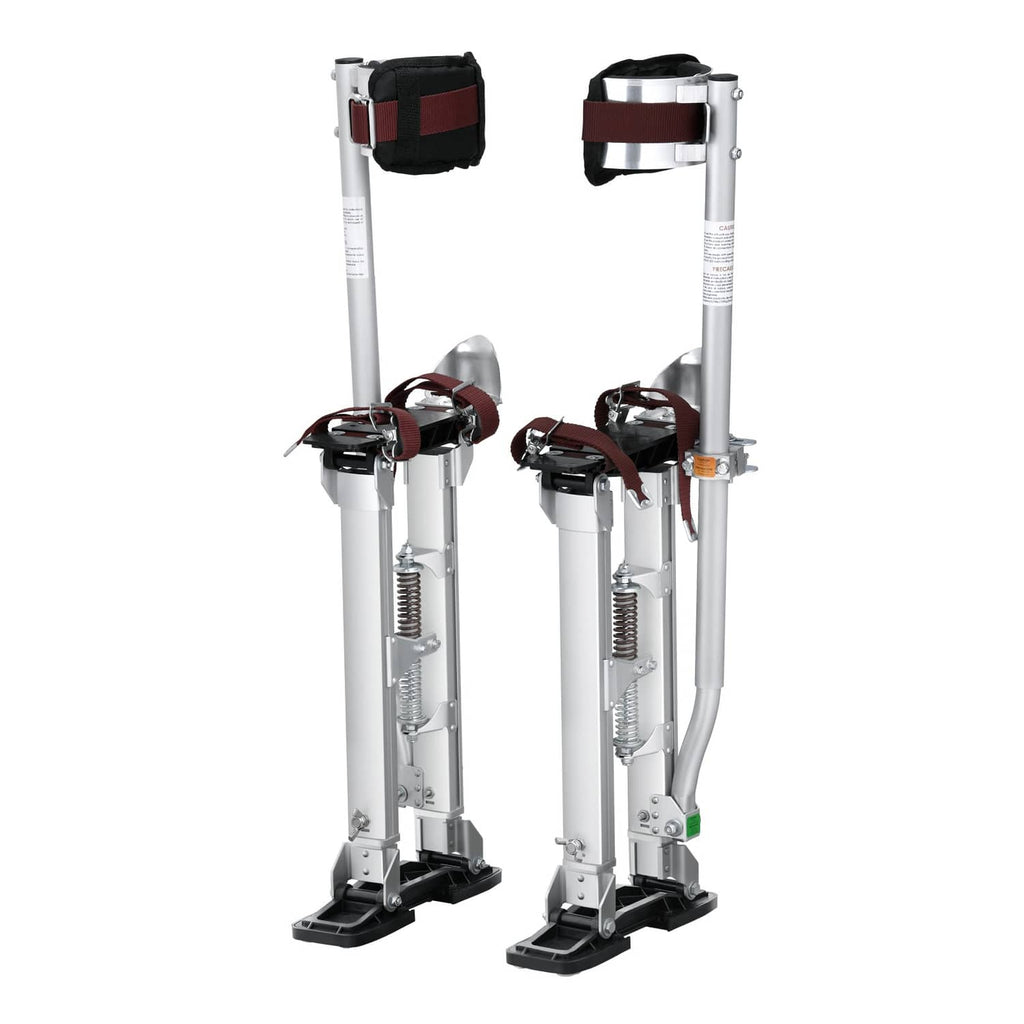 Pair of adjustable drywall stilts with silver legs, black bases, and knee pads