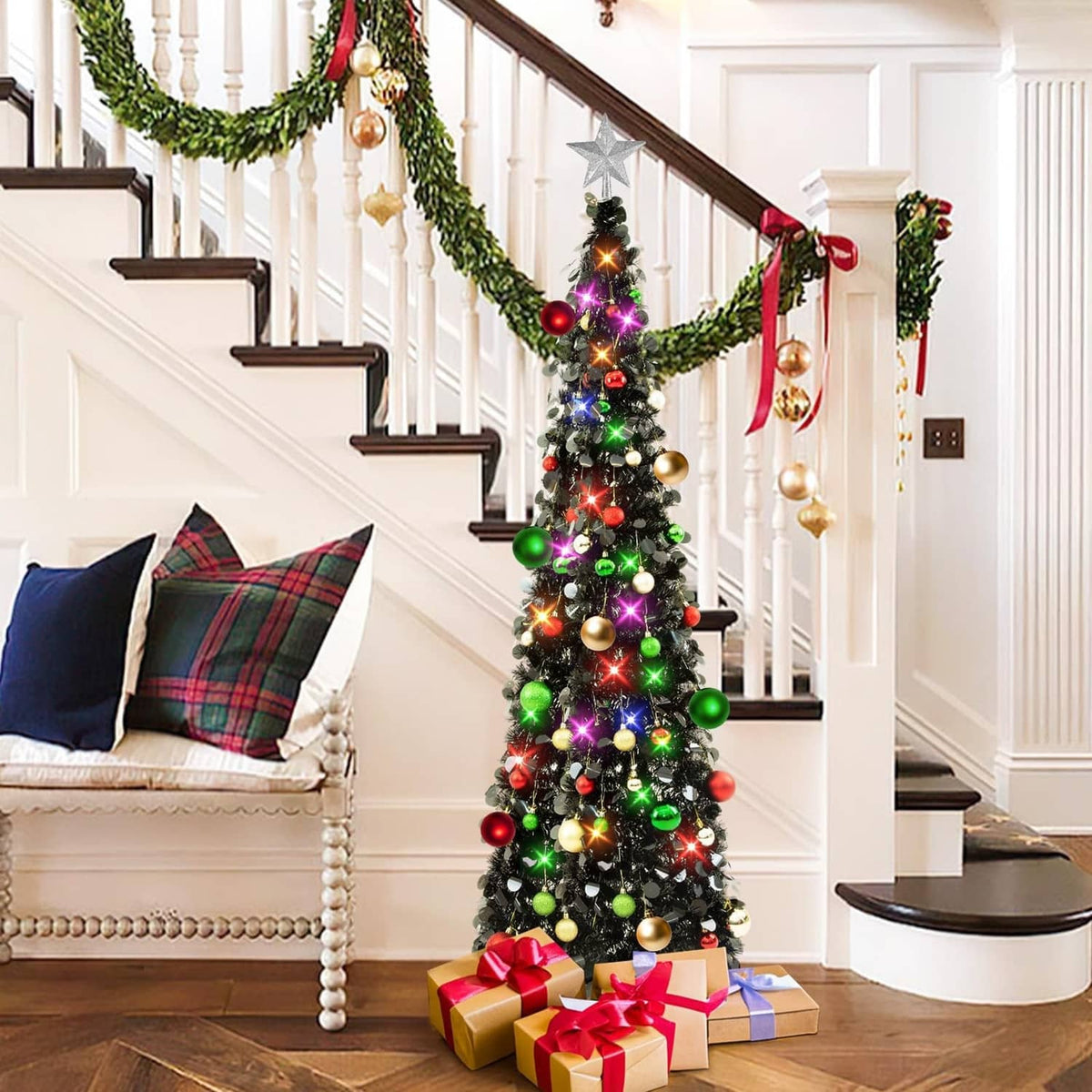 5ft collapsible black tinsel Christmas tree with star topper, glowing multicolor lights