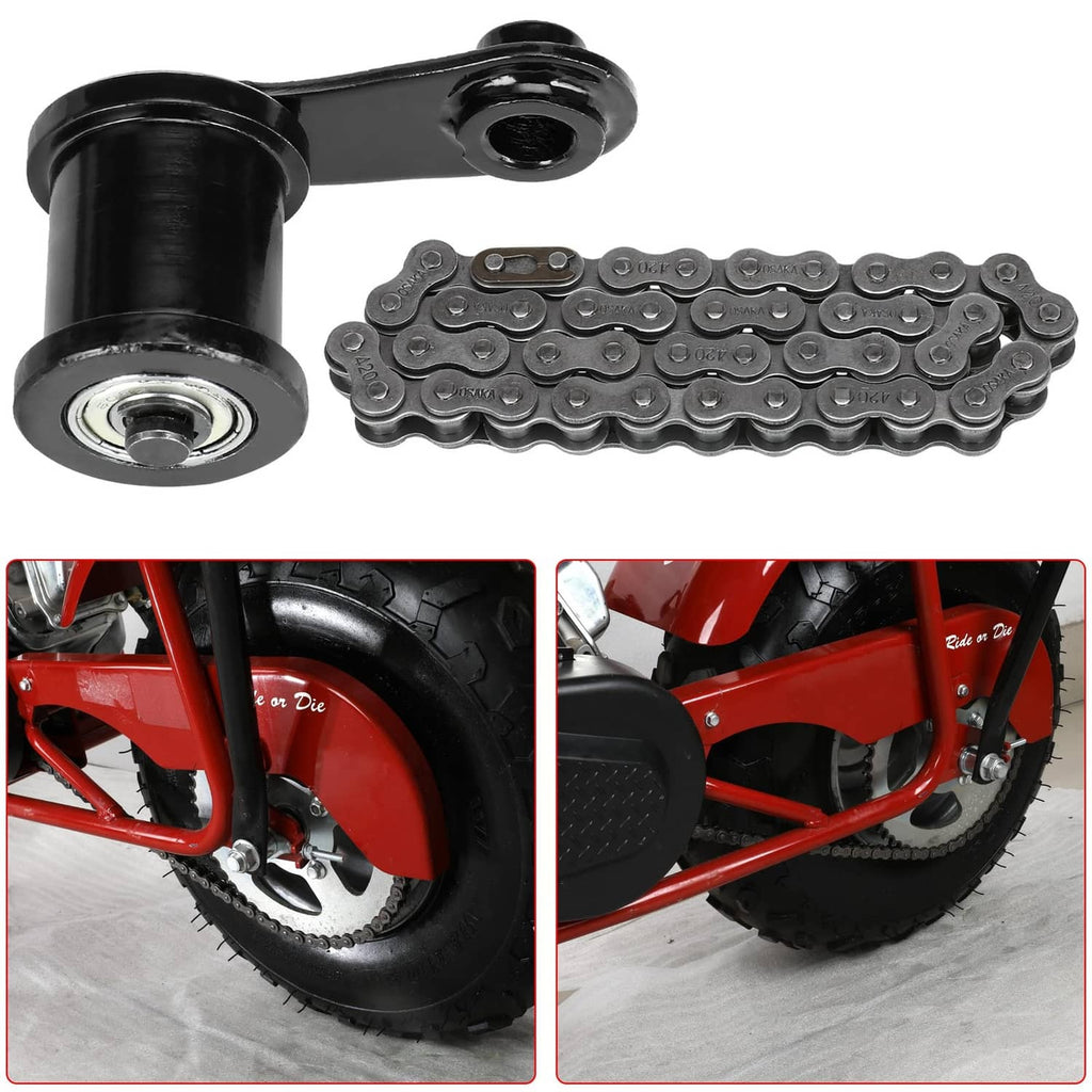 Black chain tensioner roller with drive chain links