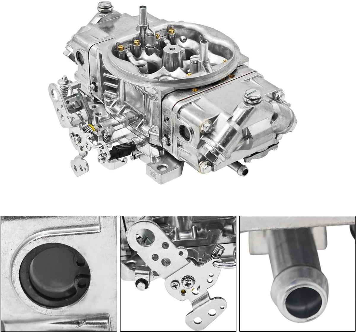 Silver 4-barrel mechanical carburetor with side linkage and intake opening detail