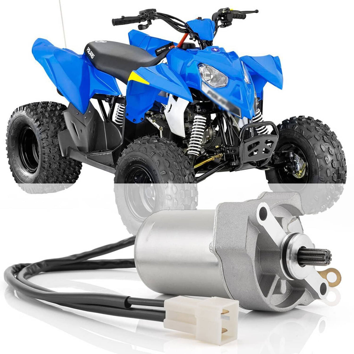 Starter motor assembly with wiring harness for ATV, featuring gray motor body and connectors