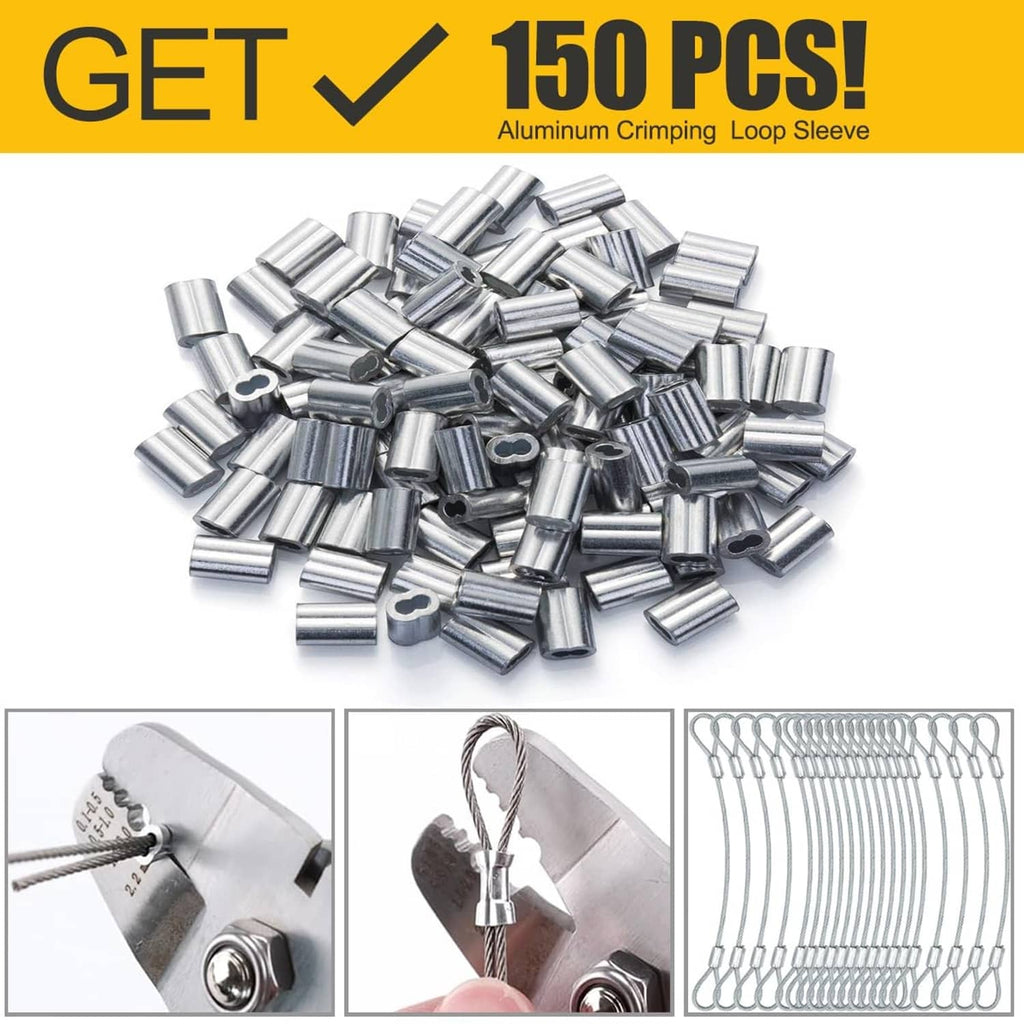 150 stainless aluminum crimping loop sleeves with wire rope, silver