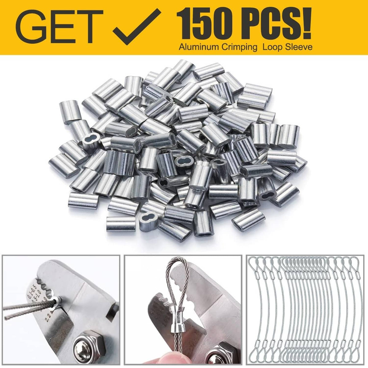 150 stainless aluminum crimping loop sleeves with wire rope, silver