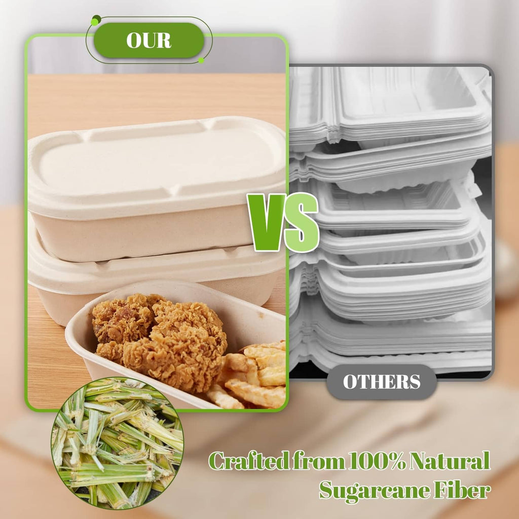 Light beige disposable containers with lid, comparison-style stacked views