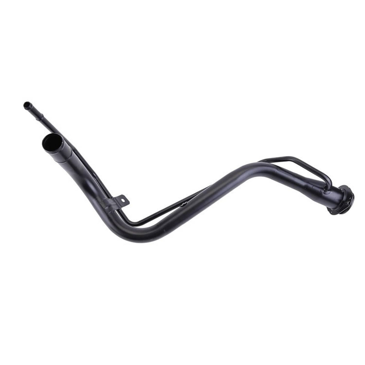 Fuel tank filler neck pipe, black metal with angled elbow and round mounting end