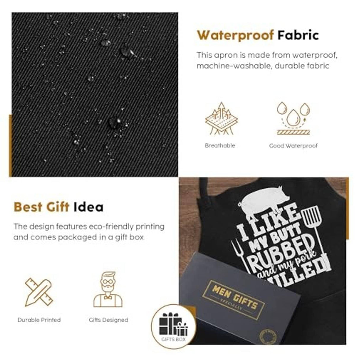 Black waterproof-style fabric apron with white graphic print and front pocket