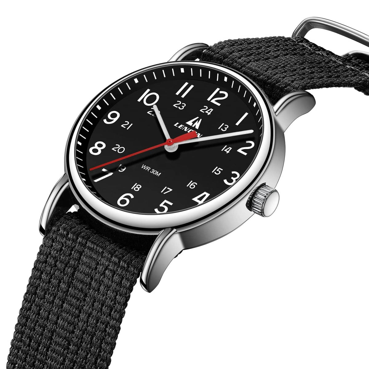 Men's black dial analog watch with red second hand, silver crown, black woven strap