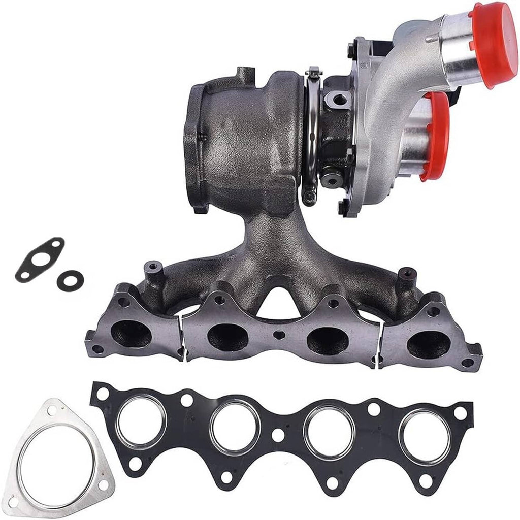 Turbocharger kit with cast manifold, gaskets, and red silicone coupler caps
