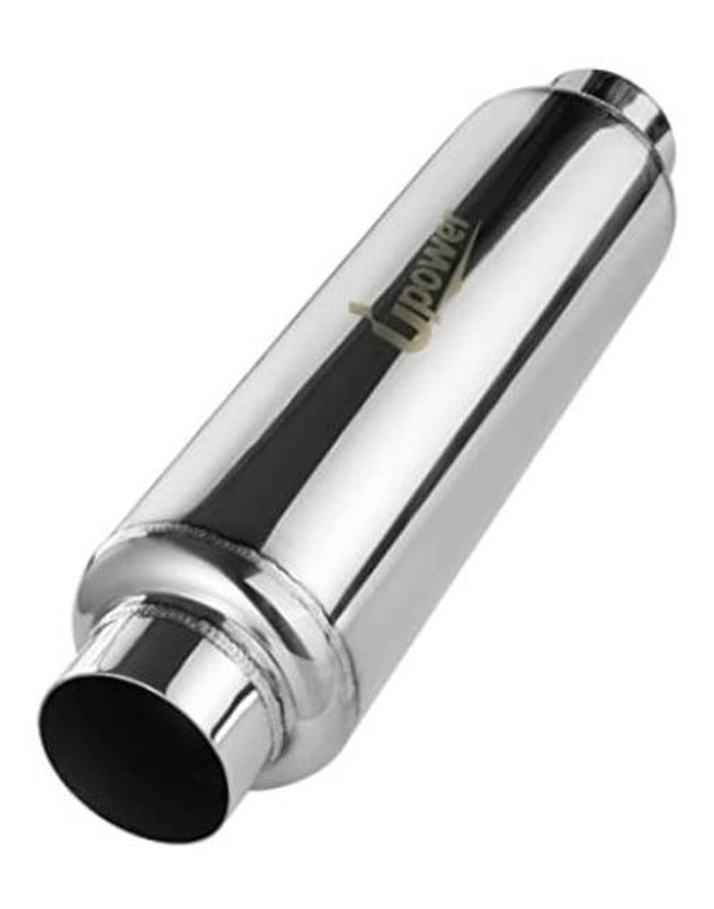 Polished stainless steel exhaust resonator, 2.5 in inlet, welded round body