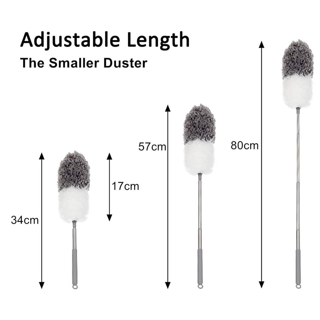 Adjustable microfiber feather duster with gray top and white base pads on pole