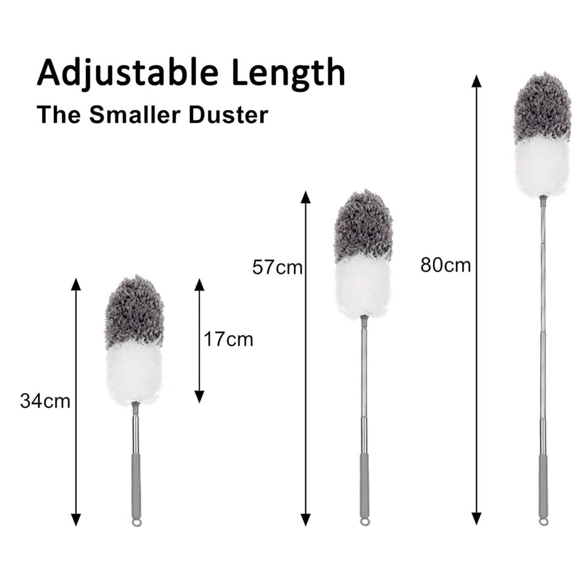Adjustable microfiber feather duster with gray top and white base pads on pole