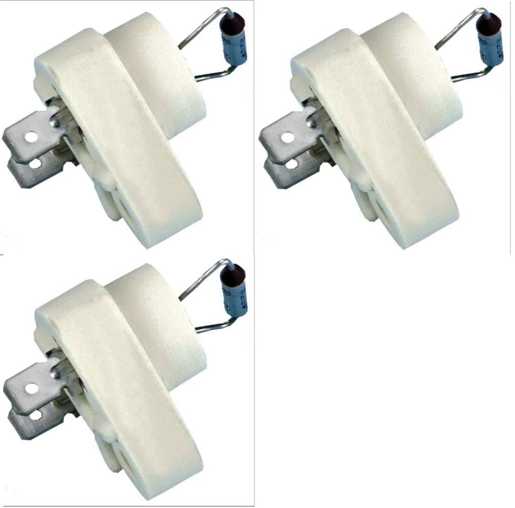 Three thermal cut-off fuses with white blocks, metal bracket tabs, and connected wire ends