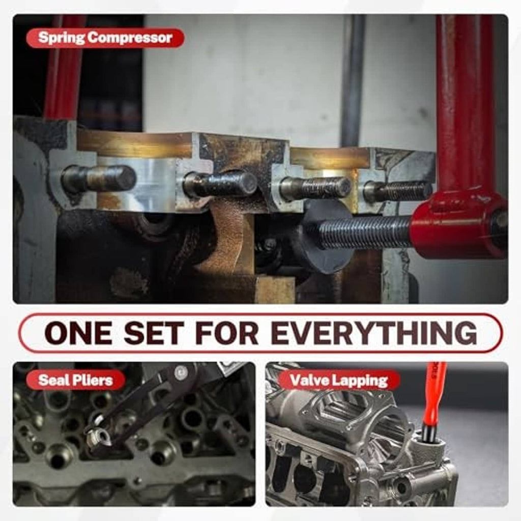 Valve spring compressor tool clamped on an engine cylinder head for valve service
