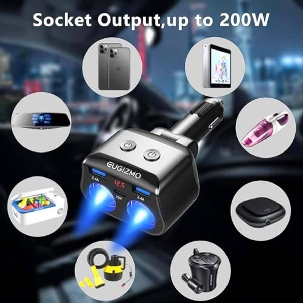 Car cigarette lighter splitter adapter, black and silver with blue LED lights for charging multiple devices