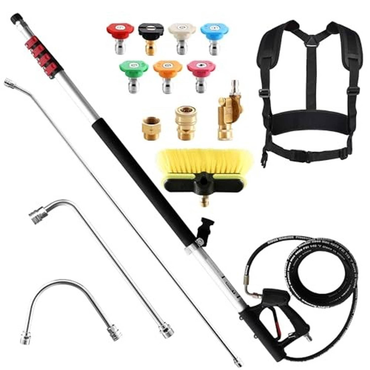 Telescoping pressure washer wand with multiple nozzle tips, brass connectors, and black carry strap