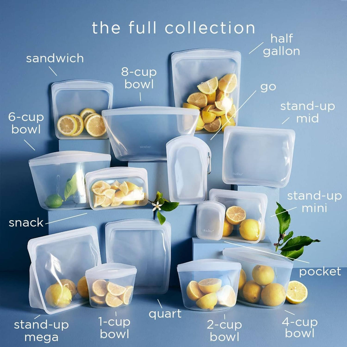 Assorted reusable silicone storage bags in light blue tones, various rectangular shapes