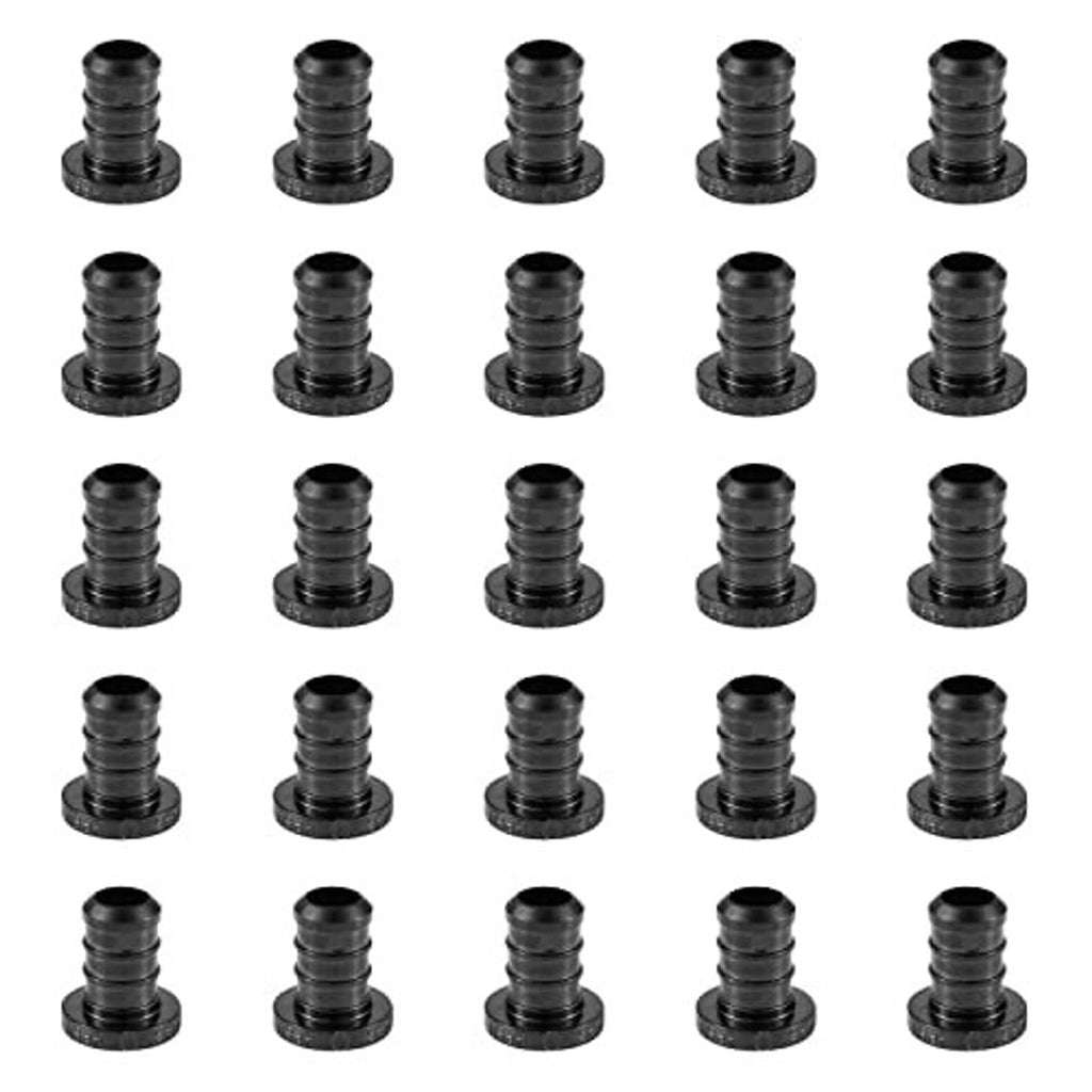 25-pack of dark PEX crimp plug/barb end caps shown in multiple angles.