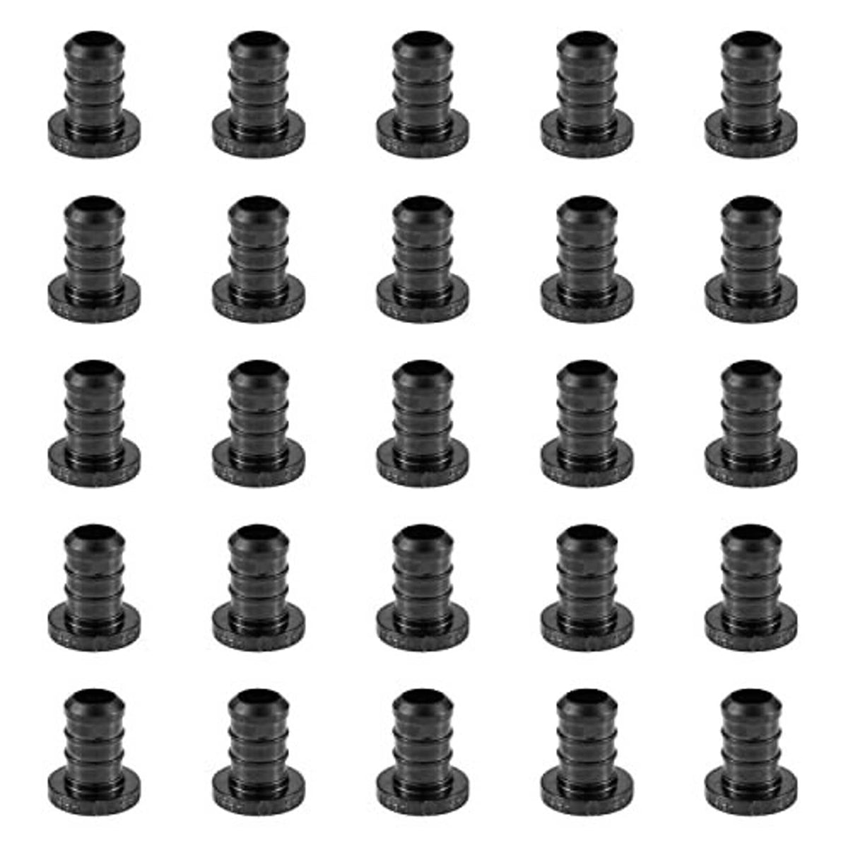 25-pack of dark PEX crimp plug/barb end caps shown in multiple angles.