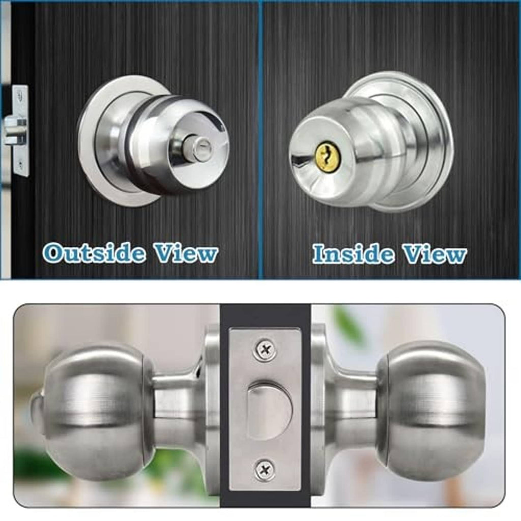 Silver deadbolt and round door knob lockset with keys, inside/outside hardware