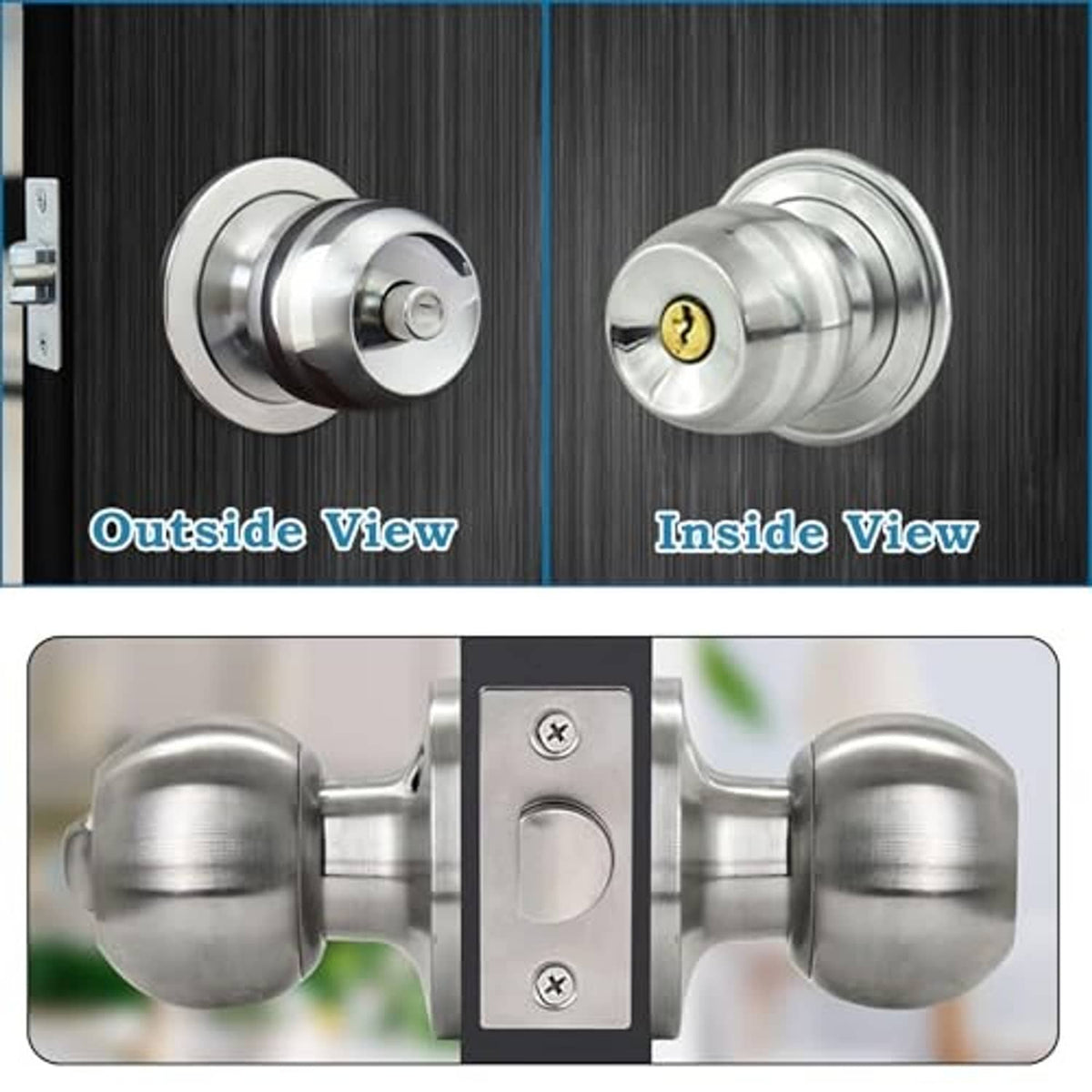 Silver deadbolt and round door knob lockset with keys, inside/outside hardware